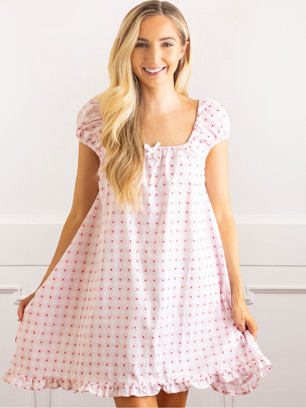 Berry Gingham Cap Sleeve Ruffle Dress